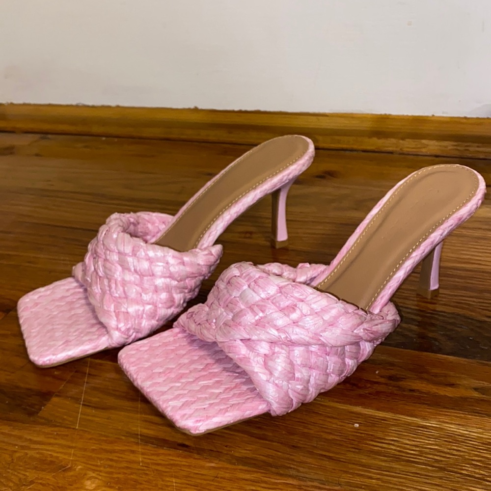 COPY - Pink Straw Woven Mules Square Toe Heels